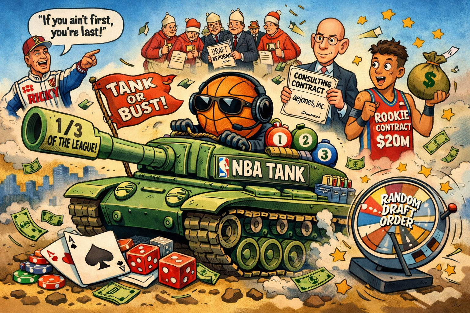 Cartoon of the NBA's tanking problem: a basketball in sunglasses drives an "NBA Tank" for one third of the league, with lottery balls, a random draft order wheel and a $20M rookie contract
